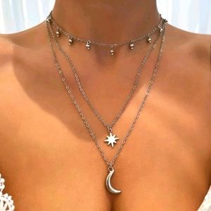 SILVER LAYERED CELESTIAL MOON AND STARS NECKLACE